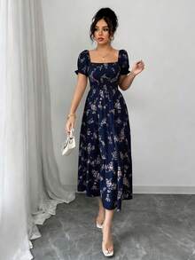 Elenzga Đầm maxi nữ mùa xuân/hè cổ vuông, tay ngắn, xếp ly, viền bèo nhún, họa tiết hoa nhỏ li ti, phù hợp cho sinh hoạt thường ngày, công sở, du lịch, đi biển, phong cách bohemian, miền Tây, lễ hội âm nhạc, phong cách đồng quê. - Màu xanh hải quân - Xem 3
