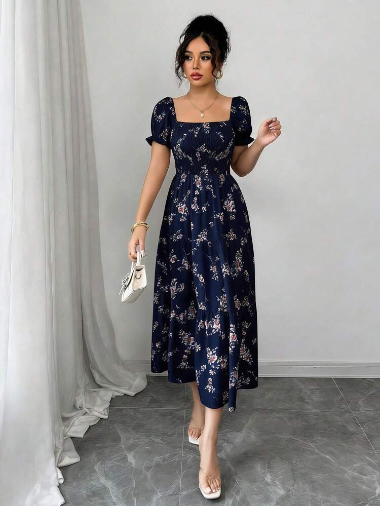 Elenzga Vestido maxi con cuello cuadrado, mangas cortas plisadas y volantes en el bajo, con pequeñas flores dispersas, adecuado para uso casual diario, trabajo, viajes, playa, estilo bohemio, occidental, festivales de música y campo - Azul Marino - Añade 3