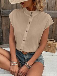 Zayélia 女士夏季純色立領單排釦蝙蝠袖休閒襯衫 - 卡其色 - 查看 6