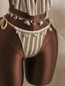 Bellisia Women's Boho Sexy Summer Beach Golf Holiday White Swimwear Set, Textured Jacquard Knit Fabric,Shell Trim,Spaghetti Strap Drawstring Bikini Outfit - Brown - View 7