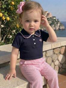 Souflis Souflis Baby Girl Lace Trim Polo Collar Short Sleeve Top, Spring/Summer - Navy Blue - View 6