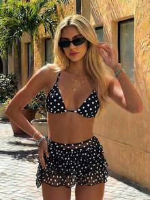 Bonvoyette Bộ bikini 3 mảnh hở lưng chấm bi gợi cảm cho nữ, kỳ nghỉ ở bãi biển - Đen và trắng - Xem 1