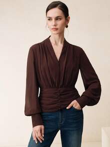 Anewsta Áo kiểu nữ mới, cổ chữ V sâu, chất liệu chiffon mỏng nhẹ, xếp ly, tay dài, ôm eo, thanh lịch. - màu nâu - Xem 4