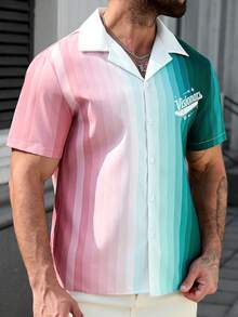 Manfinity Homme 男士字母印花单排扣粉色条纹短袖衬衫 - 粉色 - 查看 5