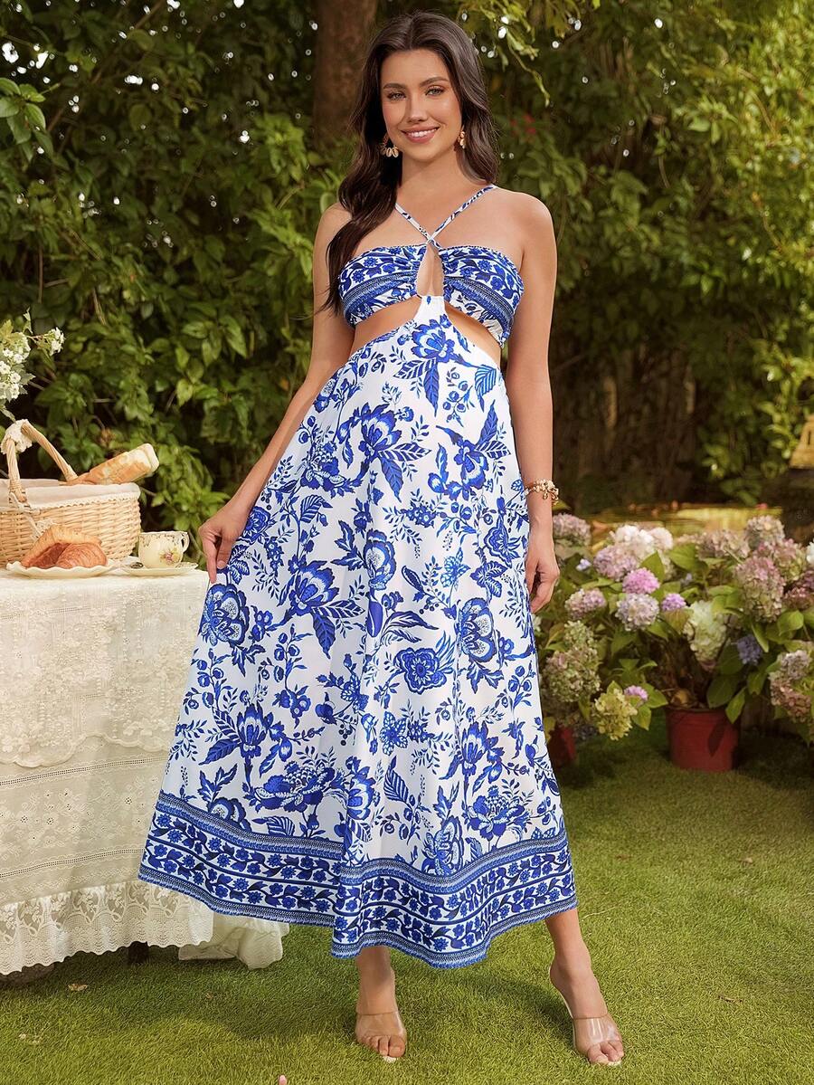 SHEIN Bohemian Style Fashionable Sexy Printed Tie-Front Maternity Dress - Blue - View 1