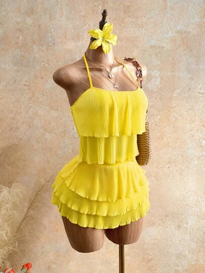 Mistrie Women's Solid Color Halter Tie Top And Cake Mini Skirt 2 Pieces Set, Fashionable For Dates