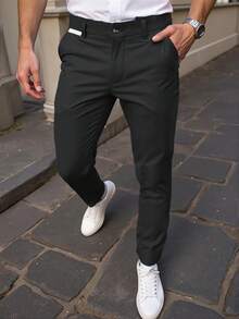 Manfinity Mode 男士纯色口袋休闲/商务西装裤 - 黑色 - 查看 6