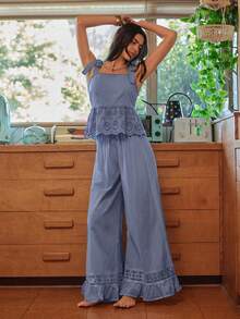 Lullawish Bohemian Style Spaghetti Strap Woven Cotton Women Pajama Set - Blue - View 7