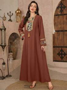 Al Najma Áo tunic thêu hoa 3D và váy dài truyền thống Ả Rập dành cho nữ mùa xuân/hè. - Rỉ Nâu - Xem 6