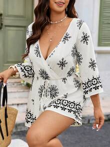 Breezaya Damen Große Größen Gewebter Regulärer Sommer Casual Urlaub Tiefer V-Ausschnitt 3/4 Ärmel Taillengegürteter Quasten Schwarz & Weiß Bedruckter Jumpsuit - Verschiedenfarbig - Übersicht 5
