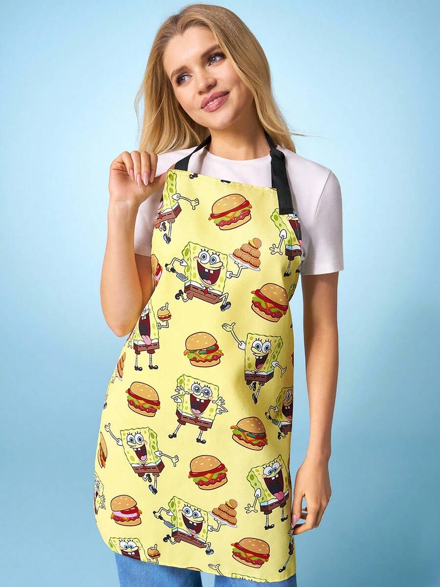 SpongeBob SquarePants | SHEIN 1 pieza Delantal con estampado de dibujos animados, material impermeable y resistente al aceite, cómodo y suave, esencial para la cocina y la repostería, adecuado tanto para hombres como para mujeres - Amarillo claro - Ver 1