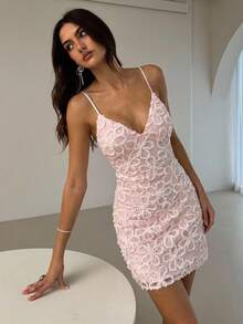 Aloruh 粉色刺绣浪漫派对礼服，优雅婚礼宾客礼服，度假迷你裙 - 粉色 - 查看 6