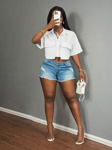 Slaydiva 2025 新款女士休闲街头口袋短袖衬衫领宽松短款白色落肩衬衫女式衬衫、春夏、休闲日常装、音乐节 - 白色 - 查看 7