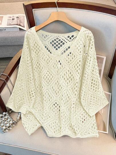 GlowEve CURVE Plus Size Women's Perforated 3/4 Sleeve Knit Sweater