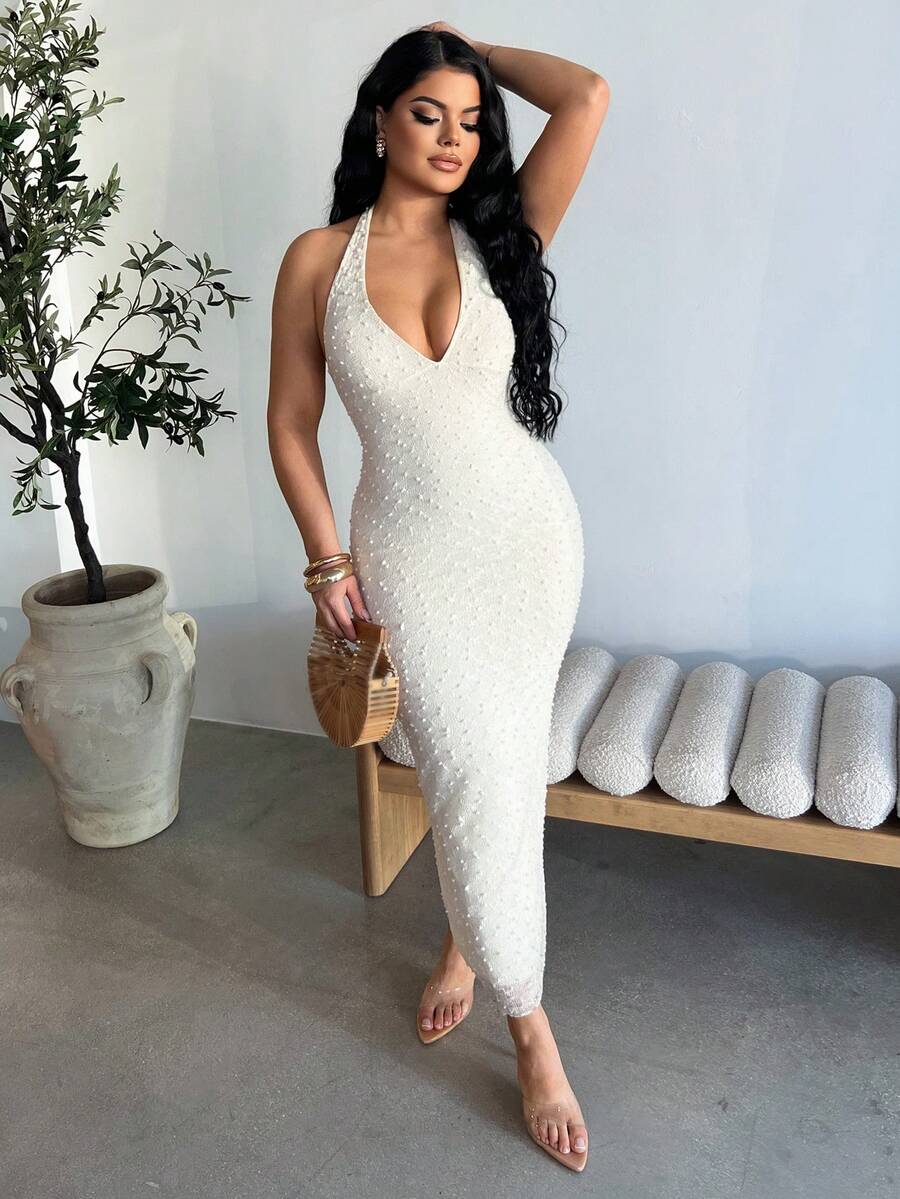 Dayanna Comas Đầm Maxi Ôm Eo Cổ Chữ V Họa Tiết Mùa Xuân/Hè Mới Lãng Mạn, Phong Cách Sang Trọng Cho Đêm Hẹn Hò - Màu be - Xem 1