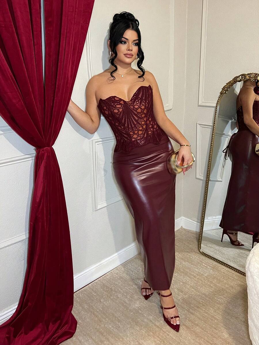 Dayanna Comas Váy da bó sát PU cho nữ Váy da mùa đông cho nữ - Màu Đỏ Sâu - Xem 1