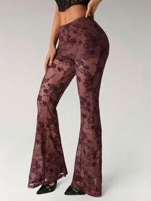 SHEIN ICON Sexy Floral Flocked Sheer Mesh Flare Pants - Burgundy - View 3