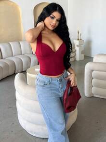 Dayanna Comas Women's Fashion Casual Sexy Solid Color Halter Backless Tank Top - Burgundy - View 4