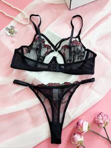 SHEIN Bộ đồ lót lưới Pháp gợi cảm 2 món/bộ, áo ngực hở lưng chéo kiểu Pháp - màu đen - Xem 2