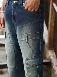 Manfinity EMRG Quần jeans nam dáng suông ống đứng, chất liệu denim denim rách, kiểu dáng đường phố năng động, thích hợp cho mùa xuân/hè. - Màu xanh lam - Xem 7