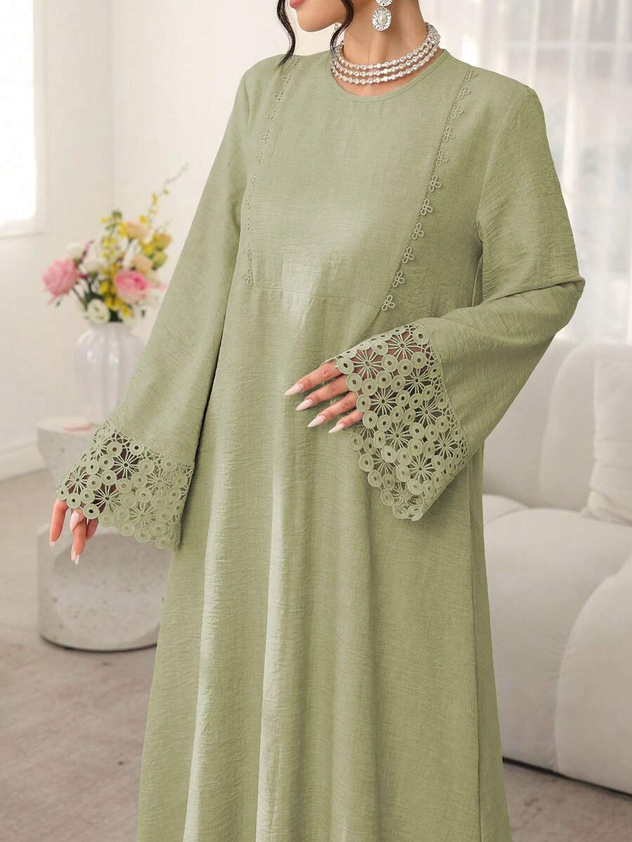 Al Najma Vestido de manga larga suelta con cuello redondo de unicolor, con cinta de empalme, para uso casual de vacaciones - Verde - Ver 1