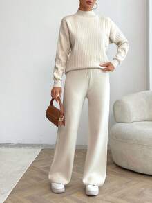 EURMUSE Women Solid Color Button Detailed Mock Neck Drop Shoulder Pullover & Sweater Pants Set - Beige - View 4