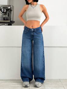 SHEIN Women's Pocketed Wide Leg Loose Casual Sexy Versatile Jeans Swimming Pastal - Medium Wash - View 3