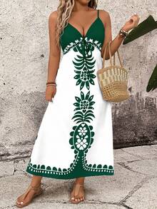 Breezaya Váy Cami buộc dây phía trước in họa tiết Plus - màu xanh lá - Xem 4