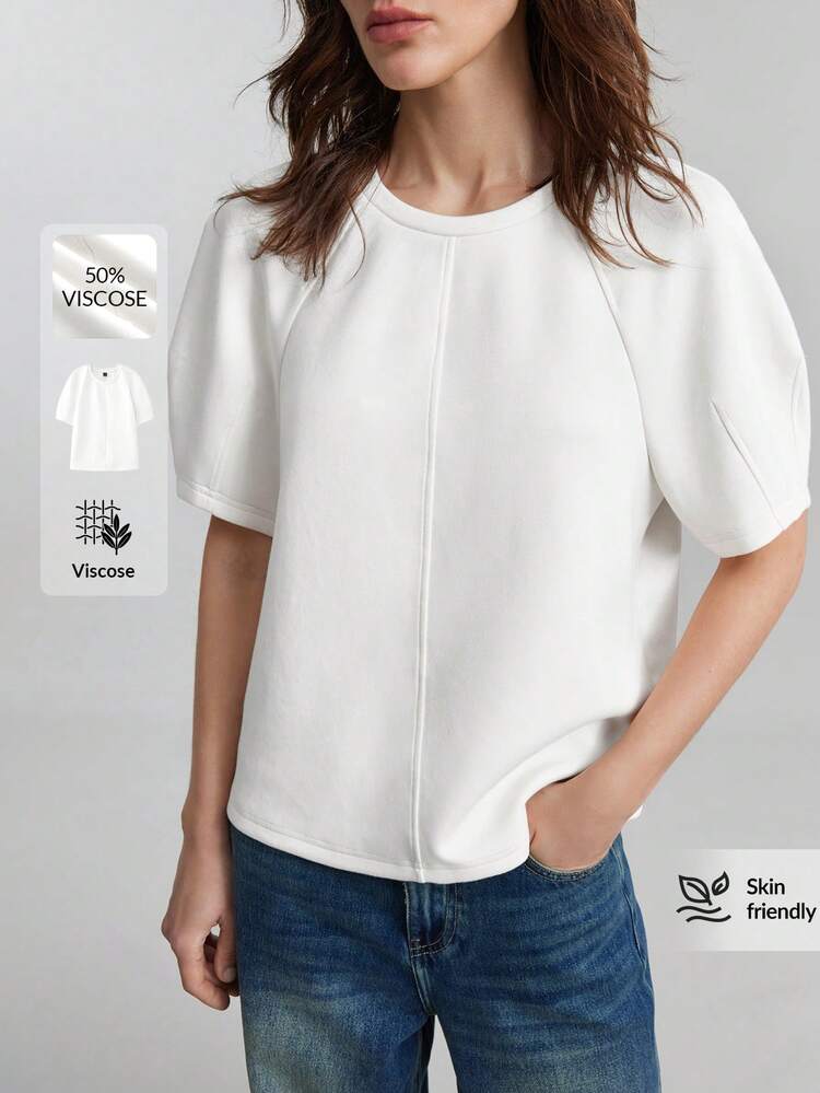 Women's Comfortable And Skin-Friendly Elastic Fabric Round Neck Raglan Sleeve H-Silhouette Design With Cuff Shaping, Bodice Splicing Accent, Chic Urban Casual Business Wear, High-Quality Airport Fashion, High-End Crew Neck T-Shirt Series,Summer Top