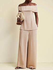 Travachic Women's Beige Elegant 2 Pieces Set,Summer Off-Shoulder Crop Top&Straight Leg Pants,Holiday Tea Party,Casual Beach Vacation,Wedding Guest,Work Outfits - White - View 8