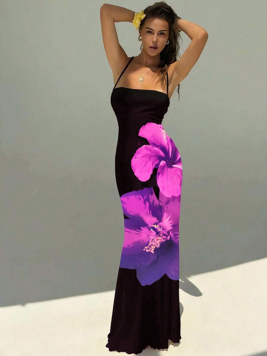 Aloruh 女士优雅印花露背吊带连衣裙 - 彩色 - 查看 1