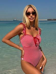 Swim Mod 女士格子打结连体泳衣，适合海滩度假、泳池派对、沙滩派对 - 紅色 - 查看 5