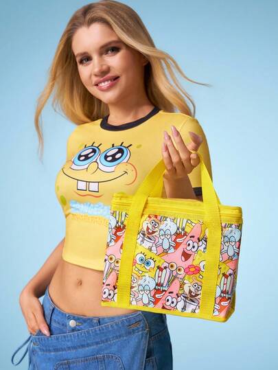 SpongeBob SquarePants | SHEIN 1pc Cartoon Character Printed Insulated Lunch Bag, Keeps Food Warm Or Cold, Picnic Bag, Large Capacity, Can Hold Lunch Boxes And Drinks, Suitable For Picnics, Camping, Travel, Home Use, Suitable For Families, Students,Friendship