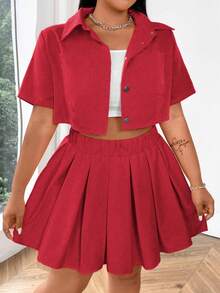 Vibekara Plus Size Women 2pcs Set: Solid Color Short Sleeve Single-Breasted Shirt & Pleated Mini Skirt - Red - View 6