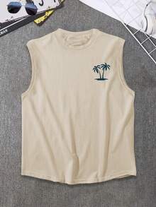 Manfinity RSRT Camiseta de tirantes informal con estampado de letras y palmeras para hombres de talla grande - Caqui - Ver 2