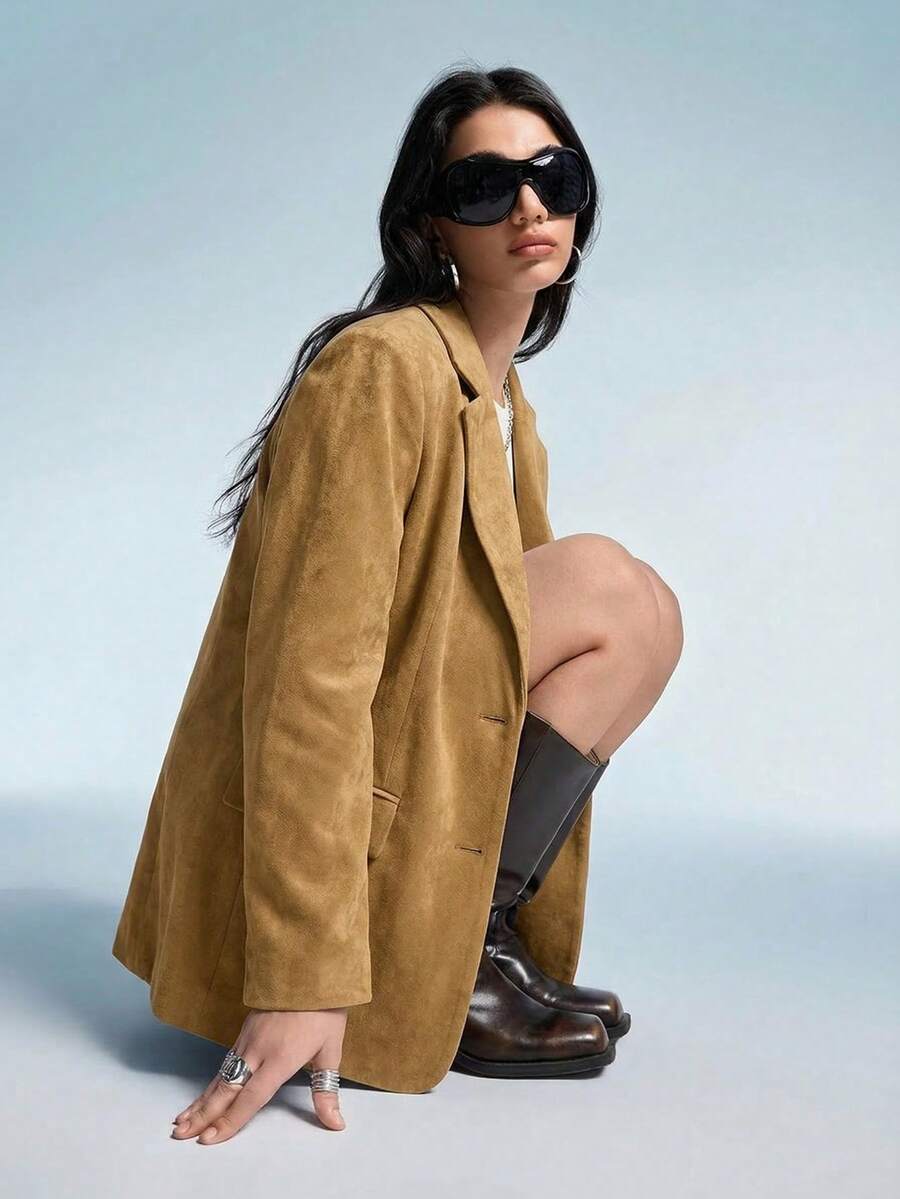 GENKIRA Áo blazer nữ dáng rộng, thoải mái, đa năng, chất liệu da lộn, màu thu đông, có đệm vai rộng, kiểu dáng thường ngày. - Màu Khaki - Xem 1