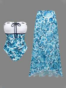 SHEIN Swim Oasis 女士蓝白碎花抹胸系带撞色褶皱性感沙滩度假泳衣套装，夏季 - 藍白色 - 查看 1