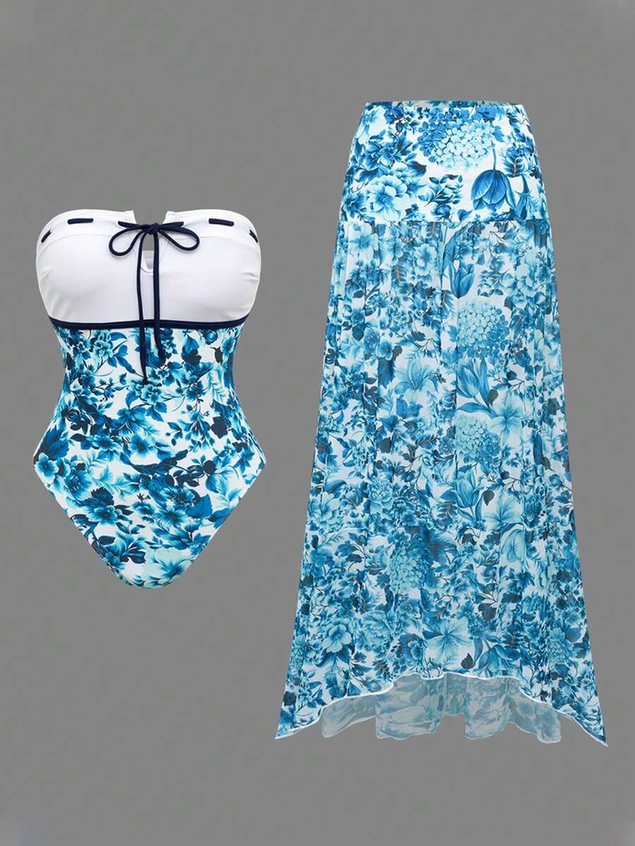 SHEIN Swim Oasis 女士蓝白碎花抹胸系带撞色褶皱性感沙滩度假泳衣套装，夏季 - 藍白色 - 查看 1