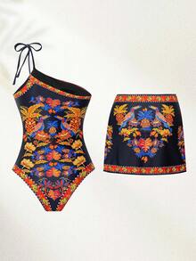 Swim Oasis 2025新款热销女士两件式分体蓝色椰子树印花挂脖式吊带泳衣套装，带系带裙/优雅女士泳装/海滩度假装/泳池装 - 彩色 - 查看 2