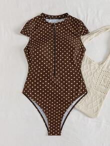 Swim SPRTY SPRTY Summer Beach Surfing Polka Dot Print Zipper Front One-Piece Swimsuit For Women - Multicolor - View 6