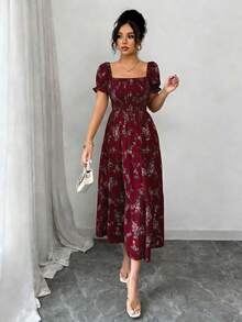 Elenzga 女士春夏方领褶皱短袖荷叶边长款连衣裙，饰有小碎花图案，适合休闲日常、工作、旅行、海滩、波西米亚风、西部风、音乐节、乡村风格等场合。 - 紅色 - 查看 3