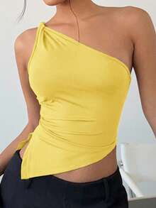 Siren Gaze Áo kiểu lệch vai xoắn nhẹ nhàng, thanh lịch dành cho nữ nhân dịp Lễ Tình nhân - Màu vàng - Xem 10