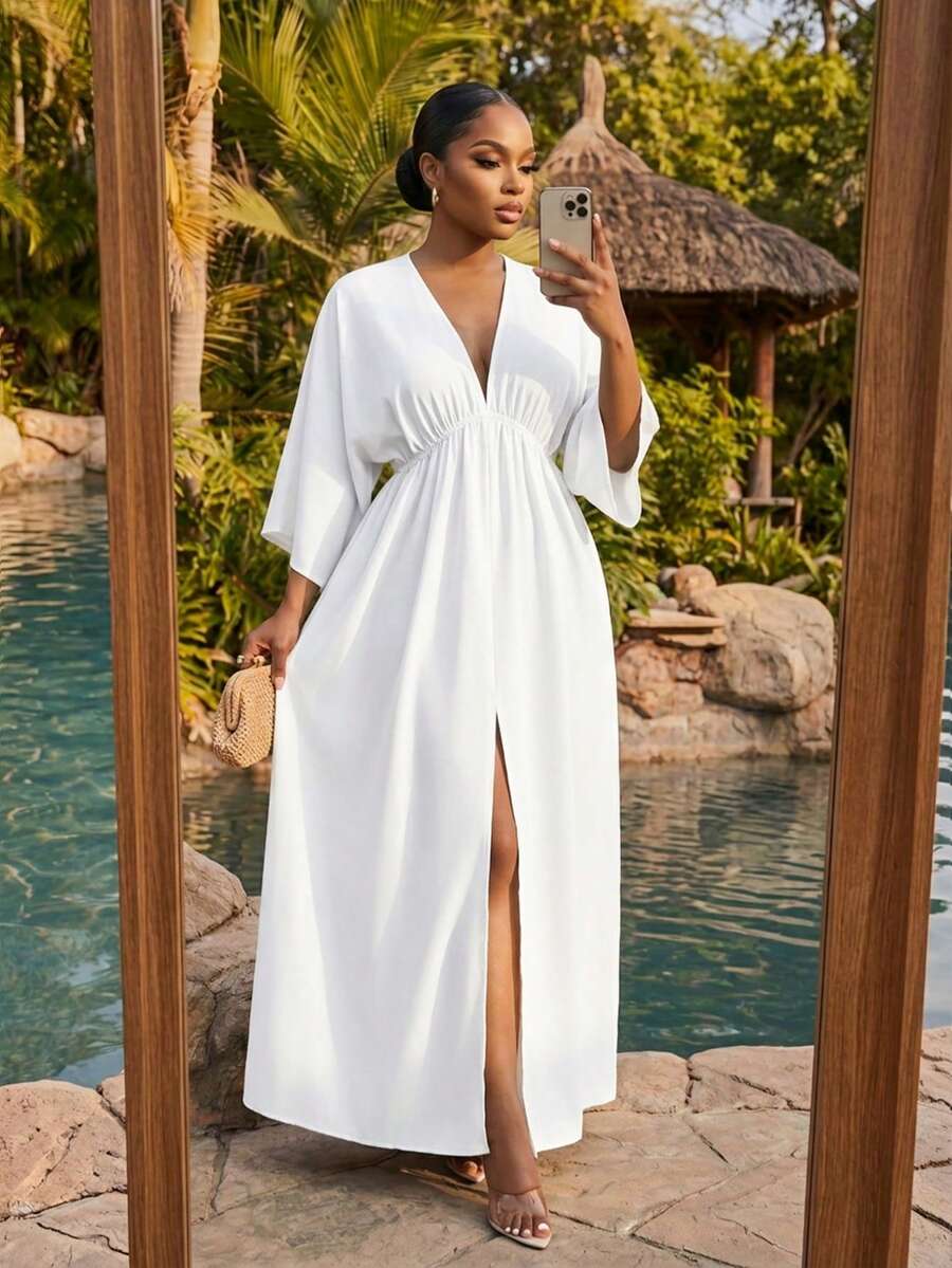 SHEIN Lady CURVE 大码休闲纯色高开衩连衣裙