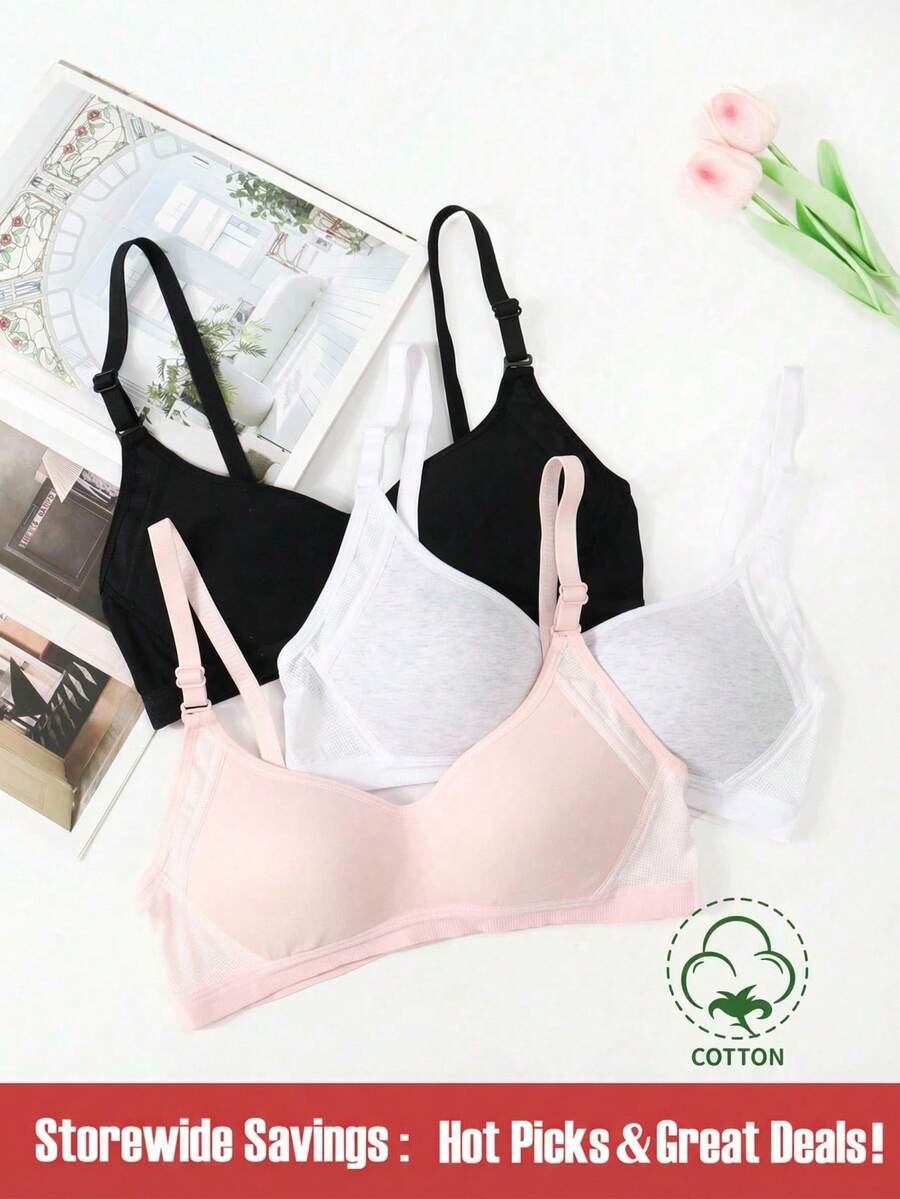 SHEIN 3 件装少女纯色字母印花可调节肩带舒适文胸套装 - 彩色 - 查看 1