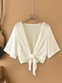 SHEIN LUNE Plus Size Women Elegant Lace Mesh Sheer Sleeve Beach Cover Up Jacket - Apricot - View 1