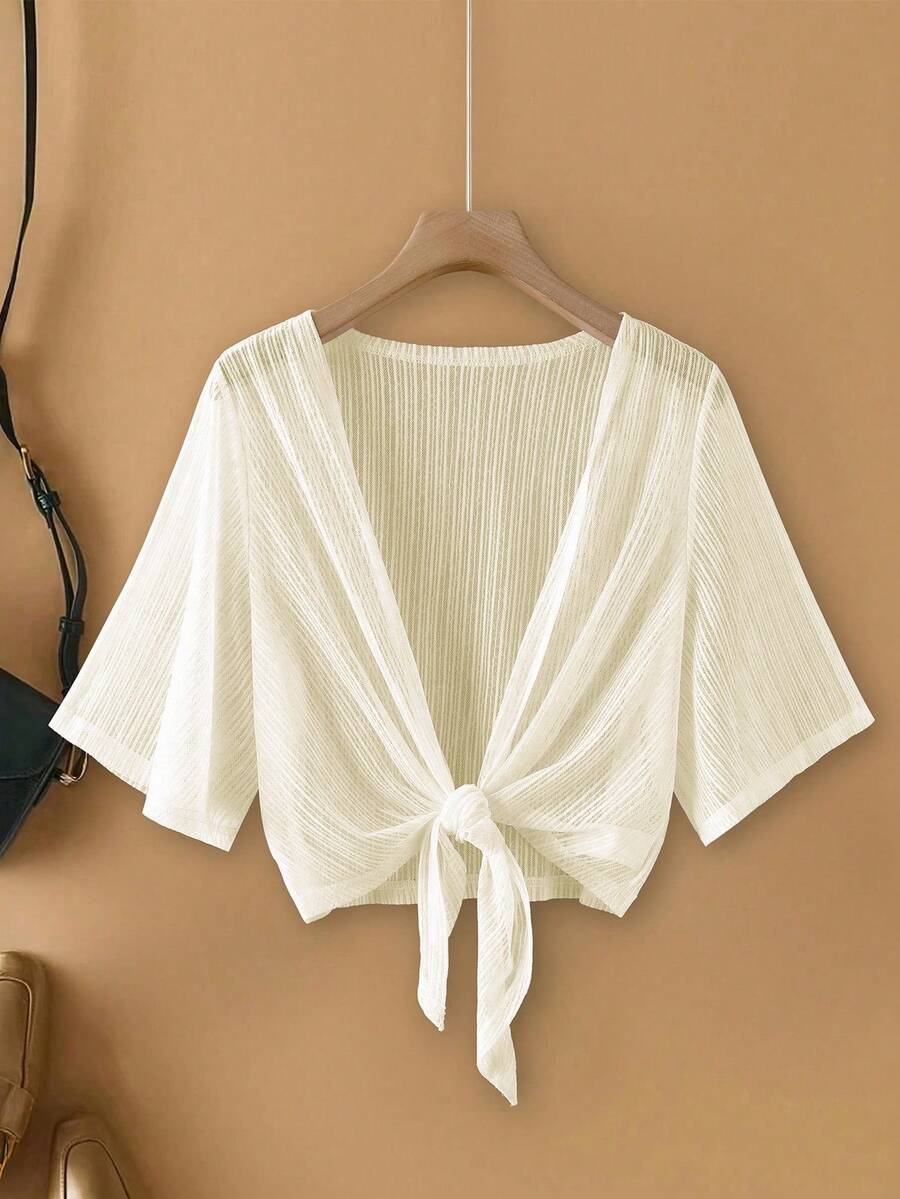 SHEIN LUNE Plus Size Women Elegant Lace Mesh Sheer Sleeve Beach Cover Up Jacket - Apricot - View 1