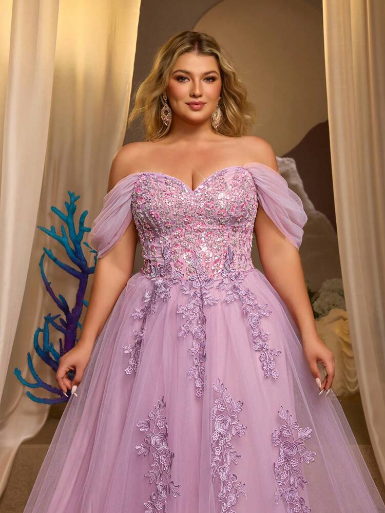 Aureia Plus Size Elegant Luxurious Purple Sequin Embroidered Mesh Off-Shoulder Puff Sleeve Applique Design Ball Gown Suitable For Evening Party, Singles Party, Date, Prom, Wedding, Vacation Formal Dress (Heavy Embroidery) - Purple - View 2