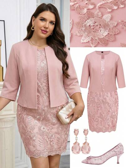 Ellevyn Conjunto de 2 piezas talla grande para mujer, conjunto de verano elegante de encaje y parches, conjunto informal de 2 piezas para exteriores, conjunto de 2 piezas en color rosa