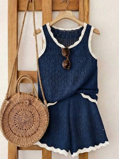 SHEIN Franclia فستان بودي كون أنيق بتصميم موجة مجوفة أنيقة بأحزمة رفيعة، بلوزة كنزة بلا أكمام بلون متباين، طقم قطعتين، ربيع/صيف