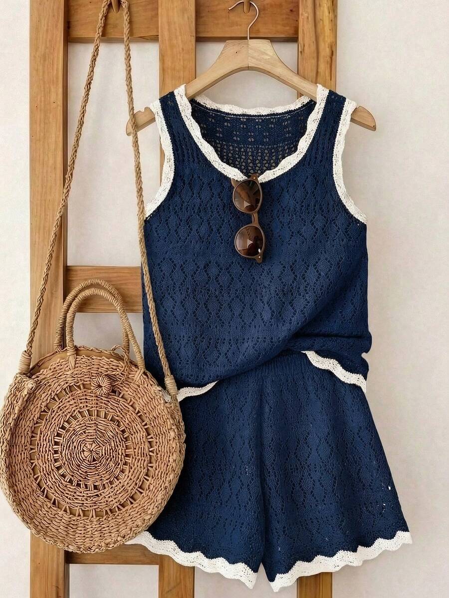 SHEIN Franclia 新款简约夏日度假风优雅镂空波浪领性感吊带修身连衣裙，撞色针织背心无袖毛衣两件套，春夏款 - 寶藍色 - 查看 1